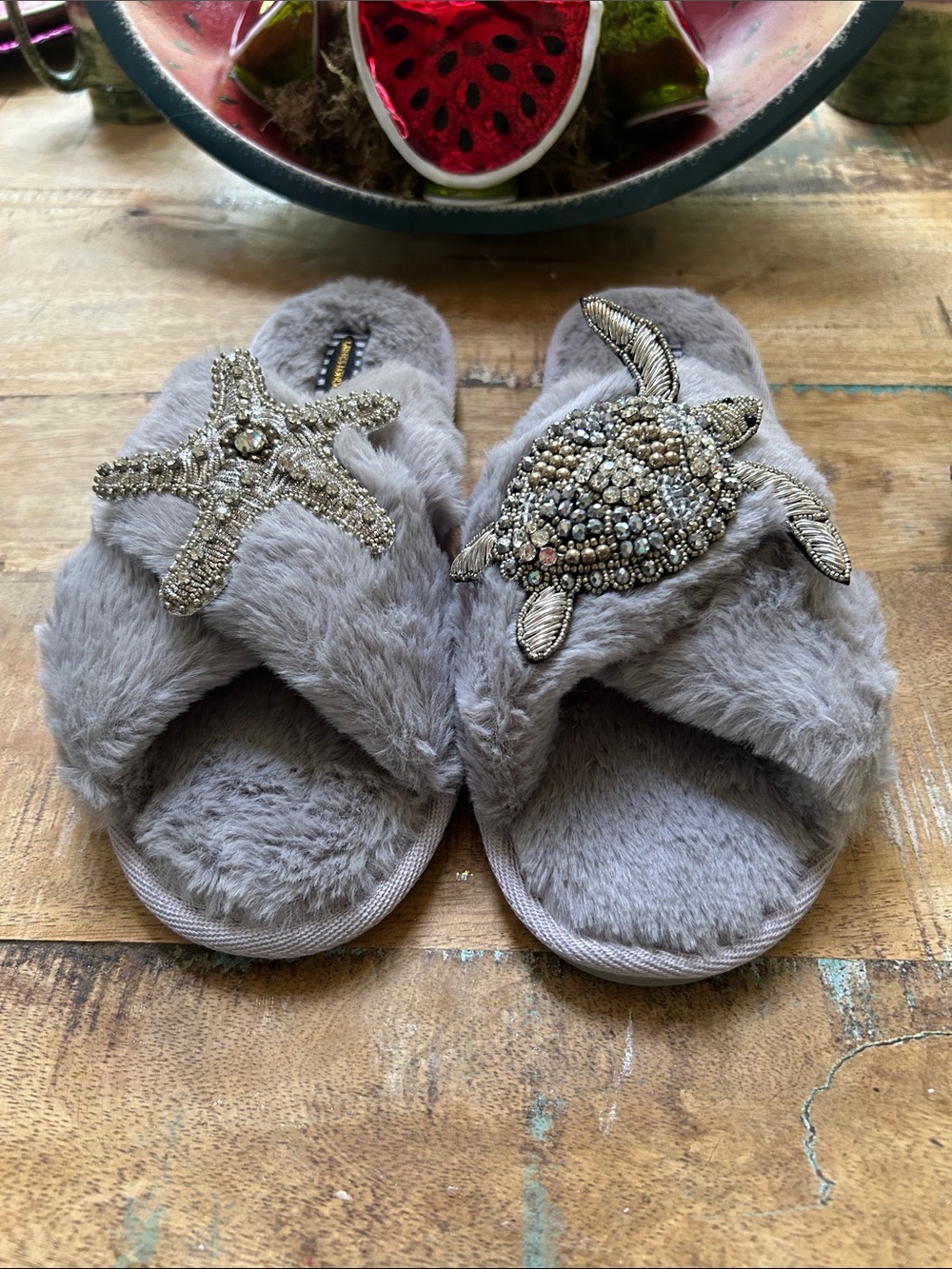 Embellished Gray Fuzzy Slide Slippers - Laines of London Embellished